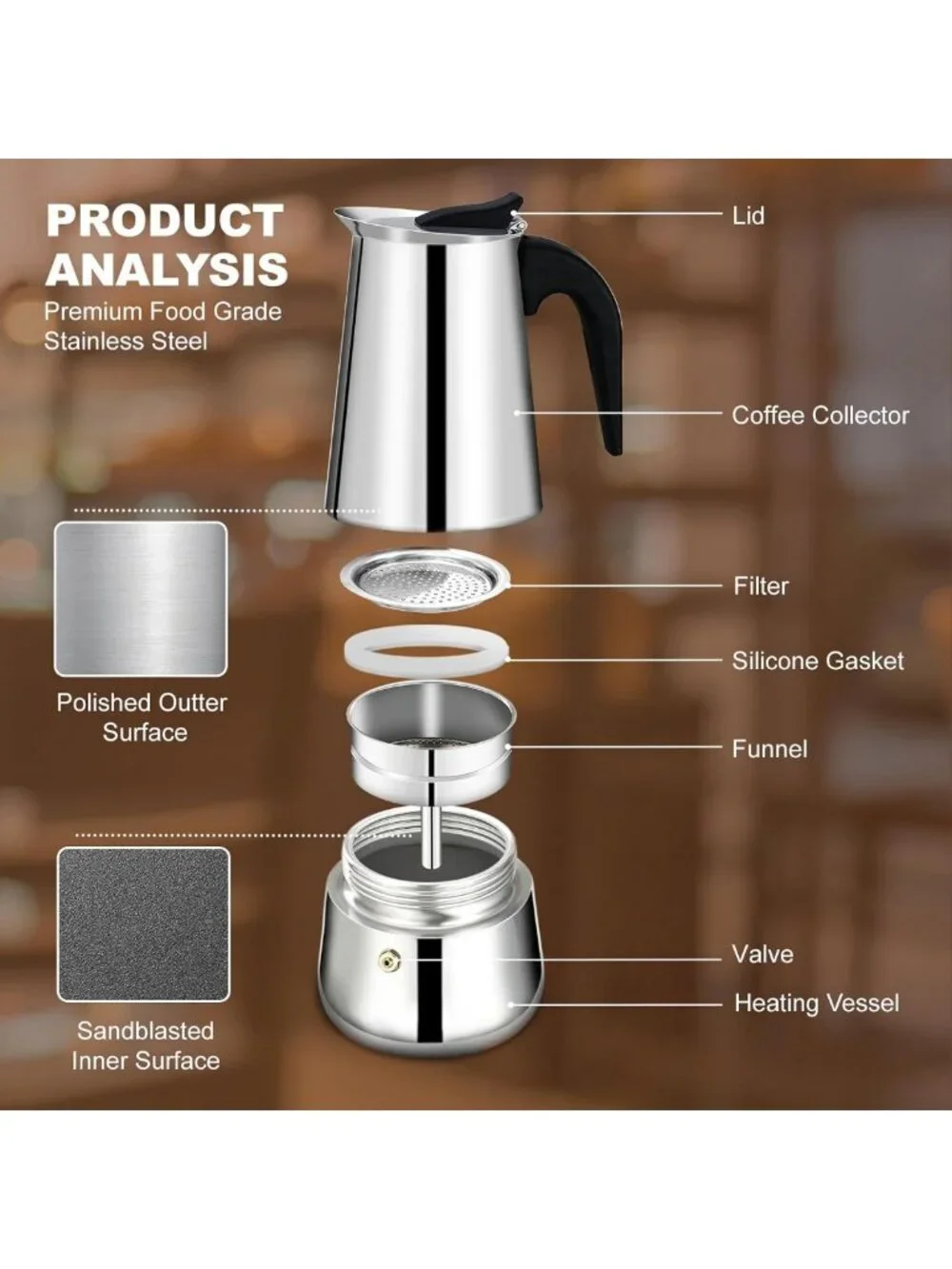 Stainless Steel Moka Pot Espresso Maker - 4 Cup Stovetop Percolator for Home